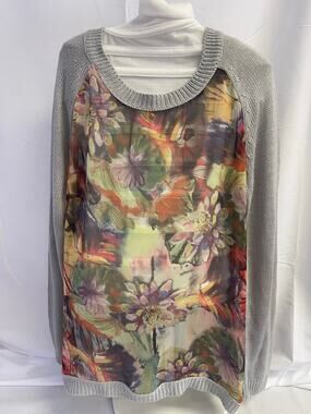 Alison Sheri Small Petite Floral Mixed Media Sweater Gray Multicolor